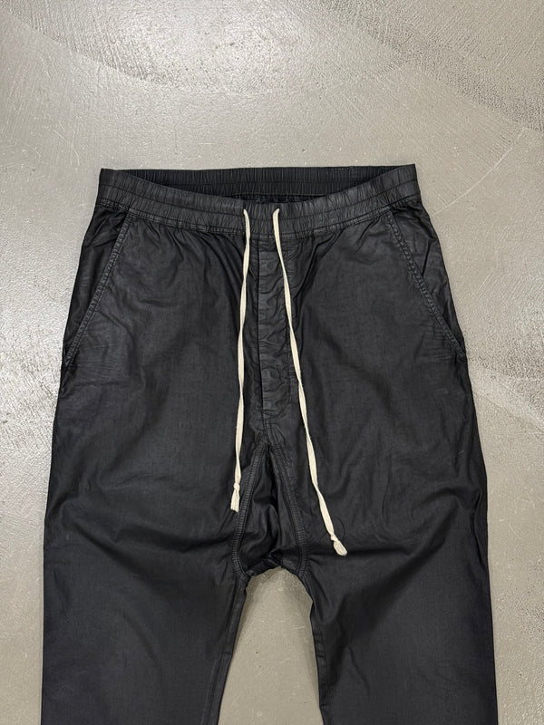 2000s Rick Owens black wax drop crotch drawstring pants