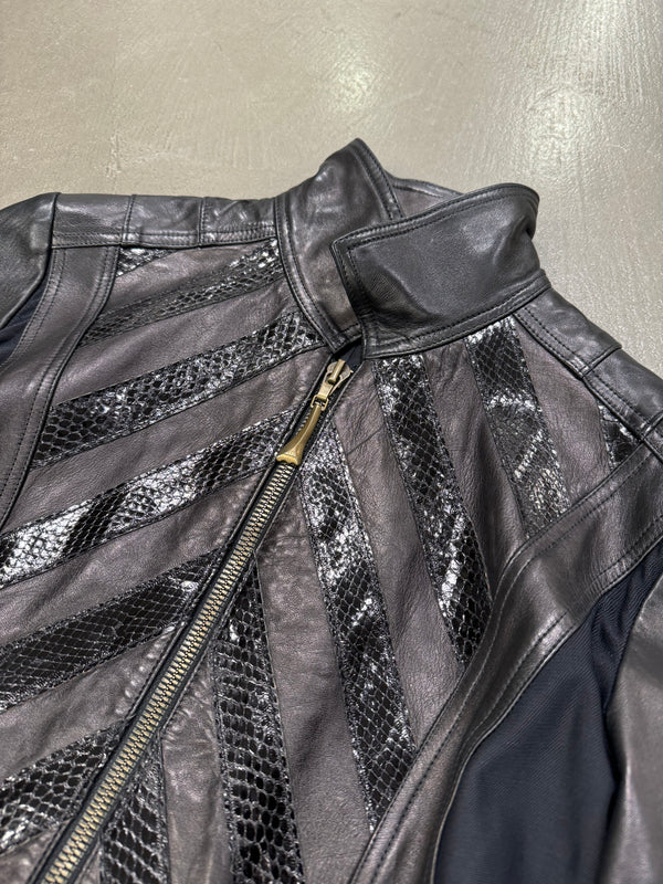A/W 2000 Roberto Cavalli biker leather jacket with flared sleeves and python details