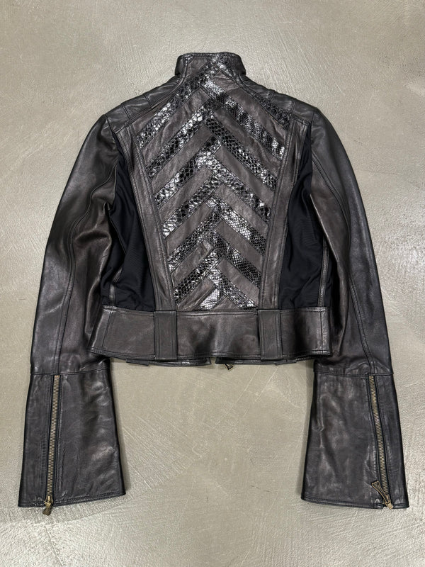 A/W 2000 Roberto Cavalli biker leather jacket with flared sleeves and python details