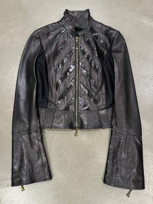 A/W 2000 Roberto Cavalli biker leather jacket with flared sleeves and python details