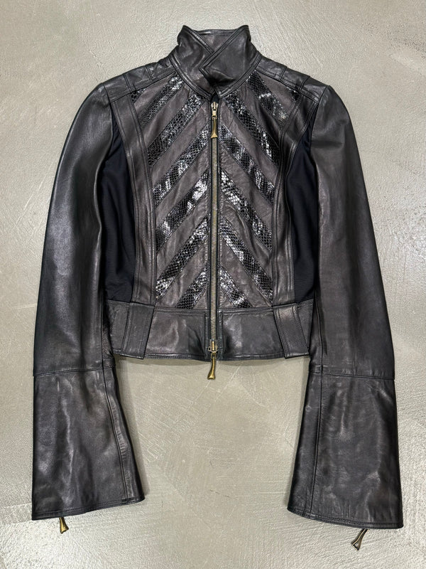 A/W 2000 Roberto Cavalli biker leather jacket with flared sleeves and python details