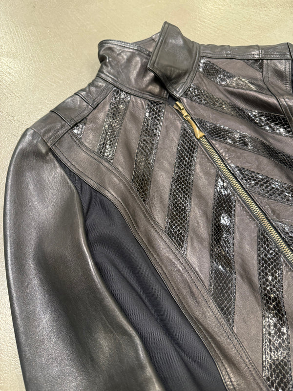 A/W 2000 Roberto Cavalli biker leather jacket with flared sleeves and python details