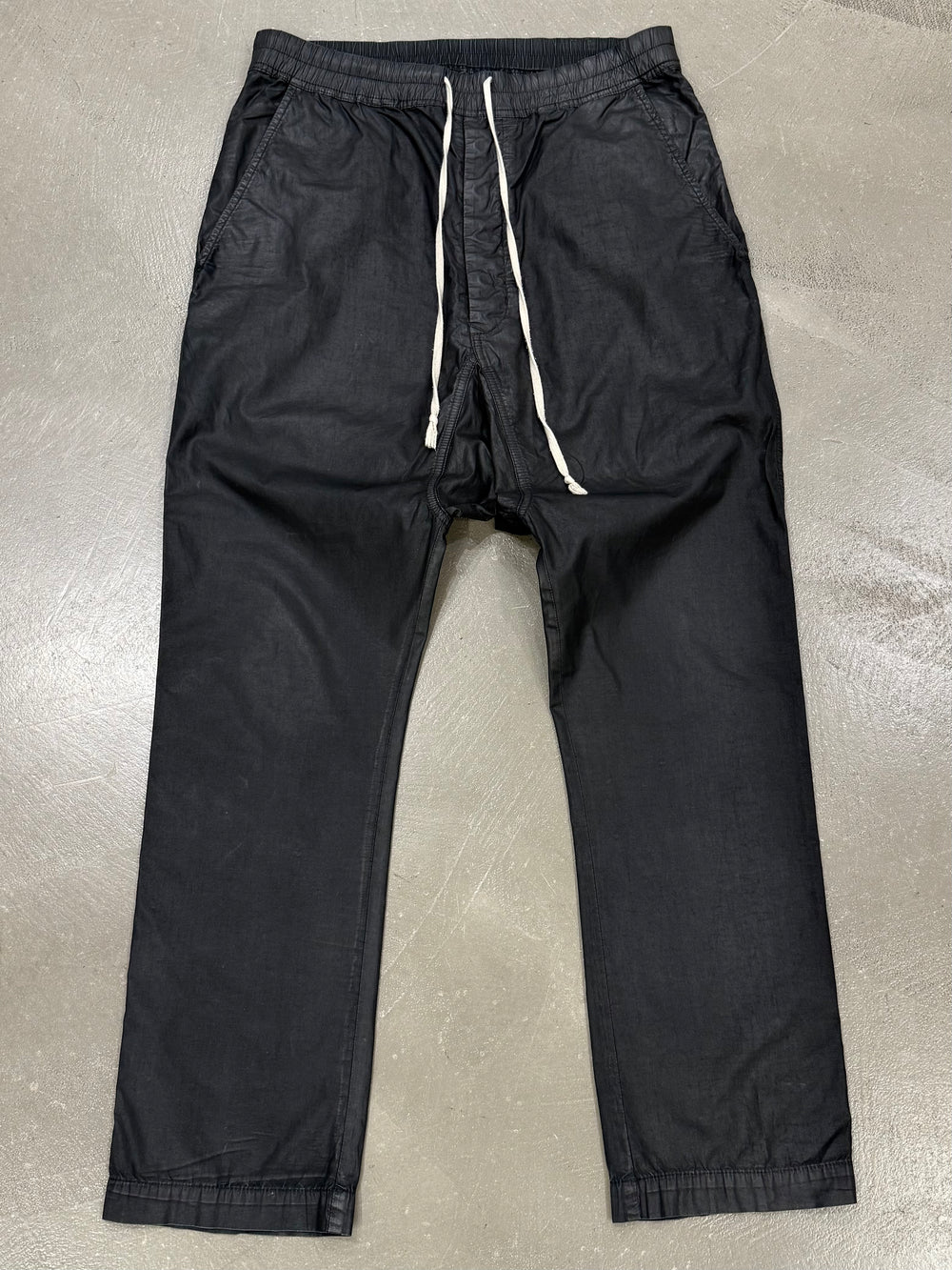 2000s Rick Owens black wax drop crotch drawstring pants