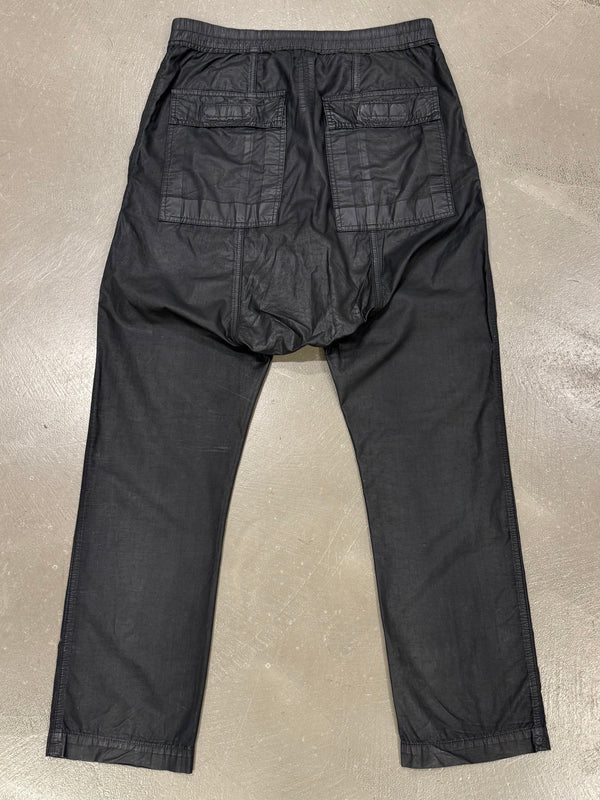2000s Rick Owens black wax drop crotch drawstring pants