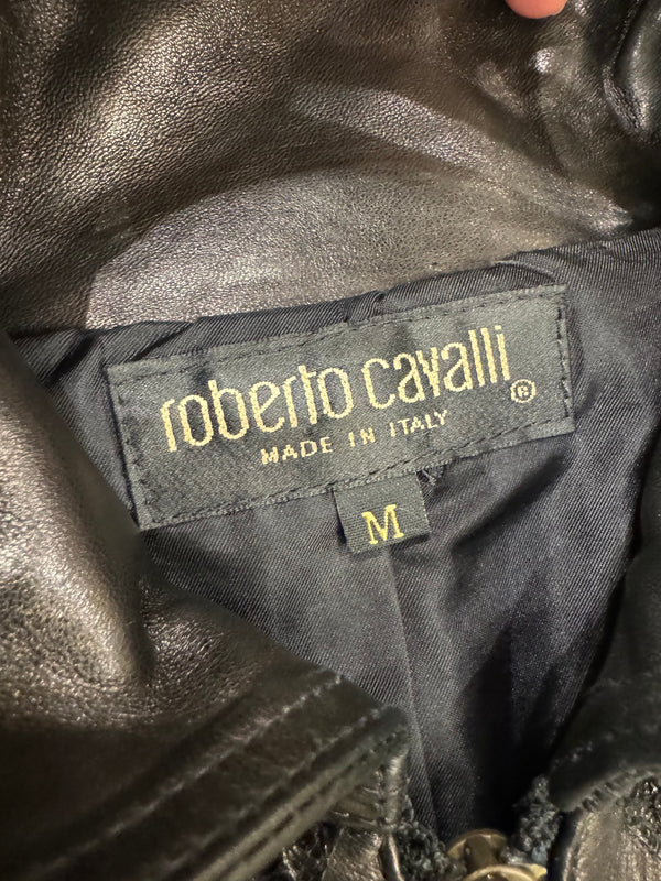 A/W 2000 Roberto Cavalli biker leather jacket with flared sleeves and python details