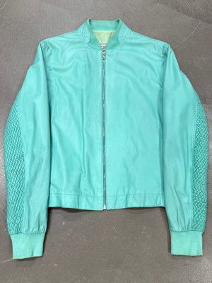 1990s Gianni Versace turqoise woven-sleeve leather bomber jacket