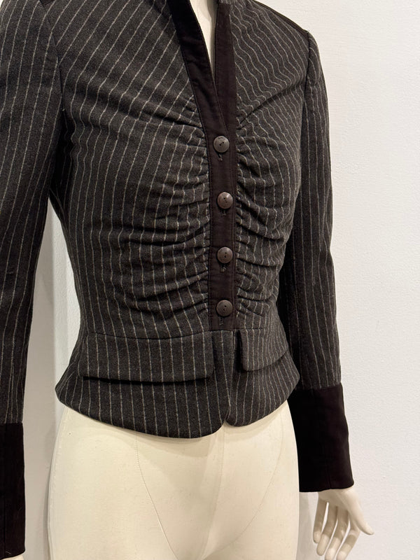 2000s Roberto Cavalli structured ruched velvet trim stiped jacket