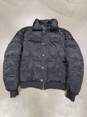 2000s Roberto Cavalli studded boxy armor puffer bomber jacket with removable fur
