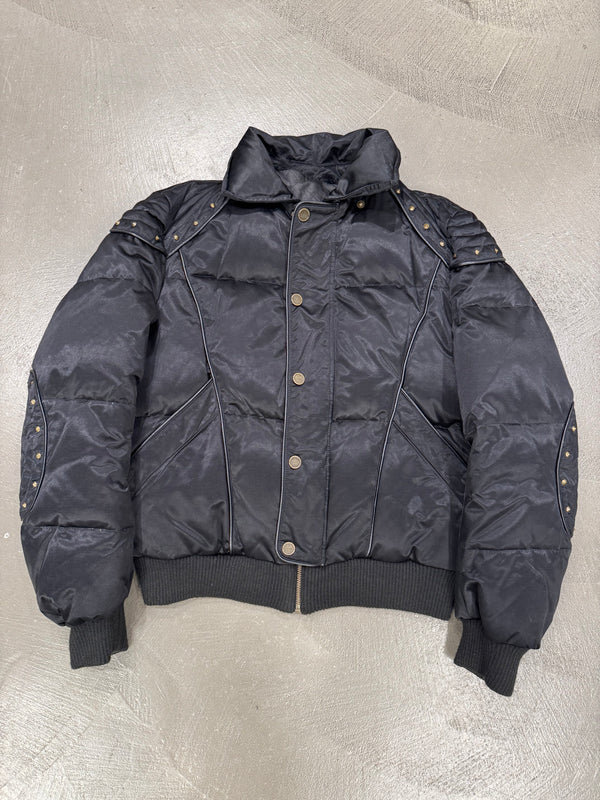 2000s Roberto Cavalli studded boxy armor puffer bomber jacket with removable fur
