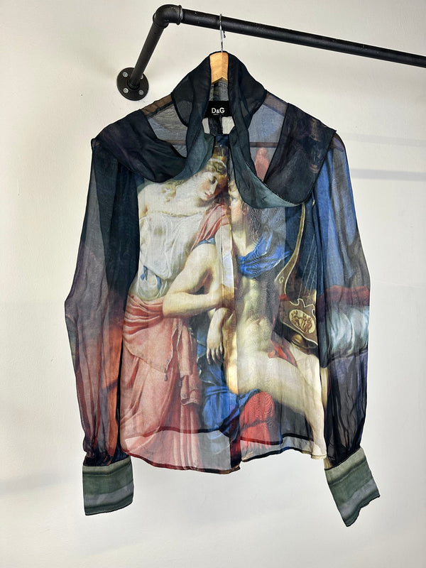 2000s Dolce & Gabbana painting print portrait silk shirt