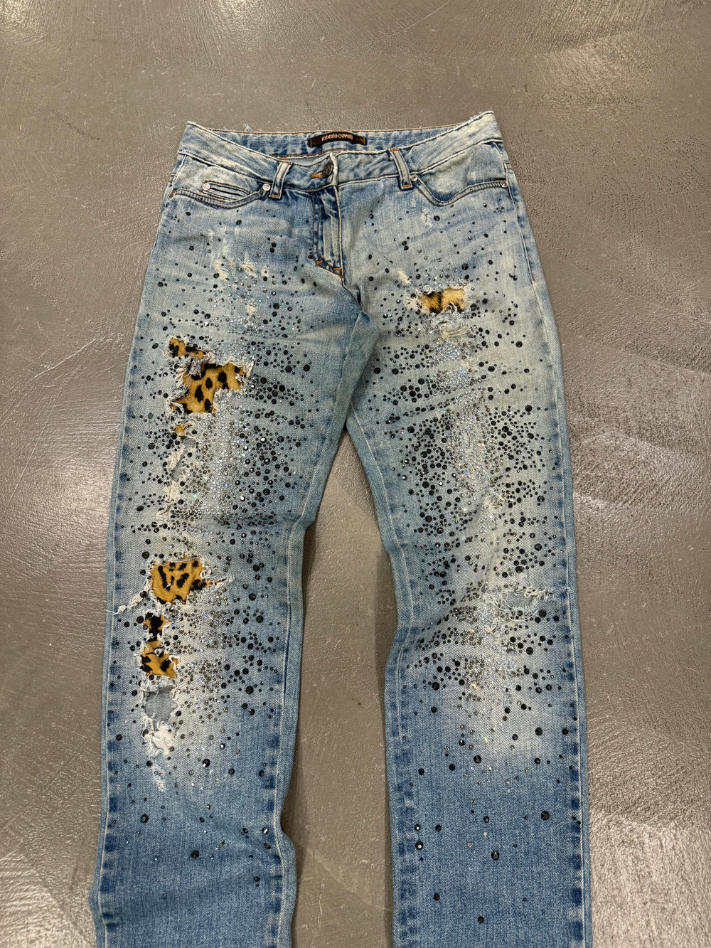 Roberto Cavalli distressed leopard patch glitter embellished jeans