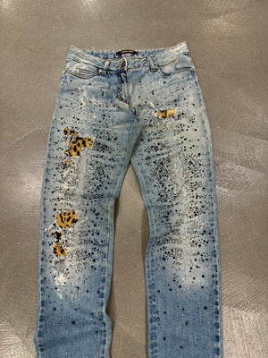 Roberto Cavalli distressed leopard patch glitter embellished jeans