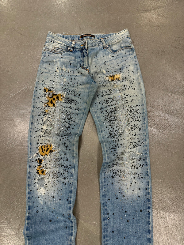 Roberto Cavalli distressed leopard patch glitter embellished jeans