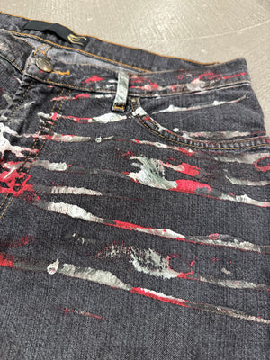 2001 Just Cavalli distressed paint splatter flare jeans