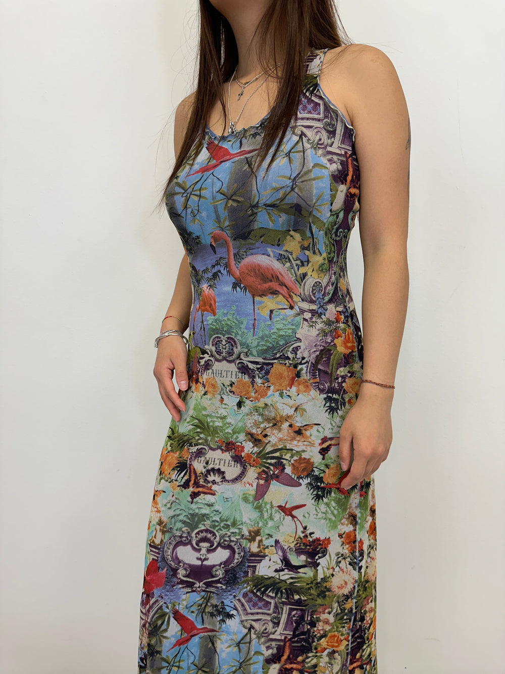 S/S 1999 Jean Paul Gaultier flamingo tropical maxi dress