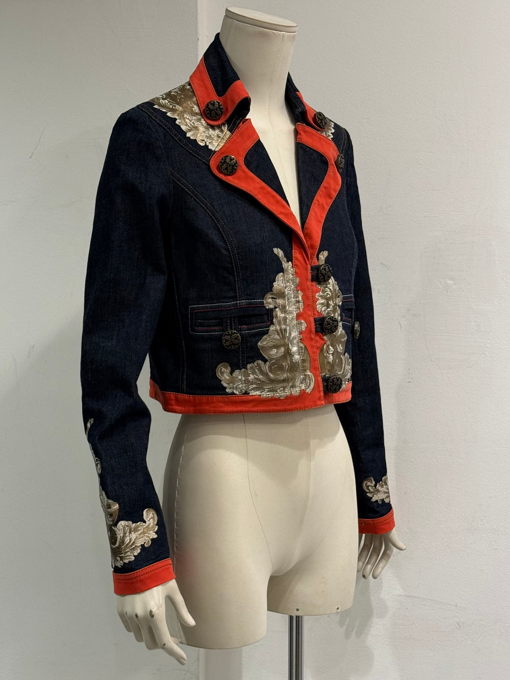 2000s Cavalli floral tapestry printed cropped denim jacket
