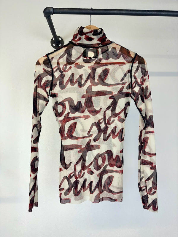 AW2001 Jean Paul Gaultier Blood Script sheer mesh top