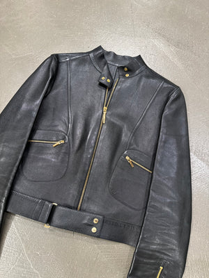 S/S1999 Gucci by Tom Ford fitted black biker leather jacket with gold accents