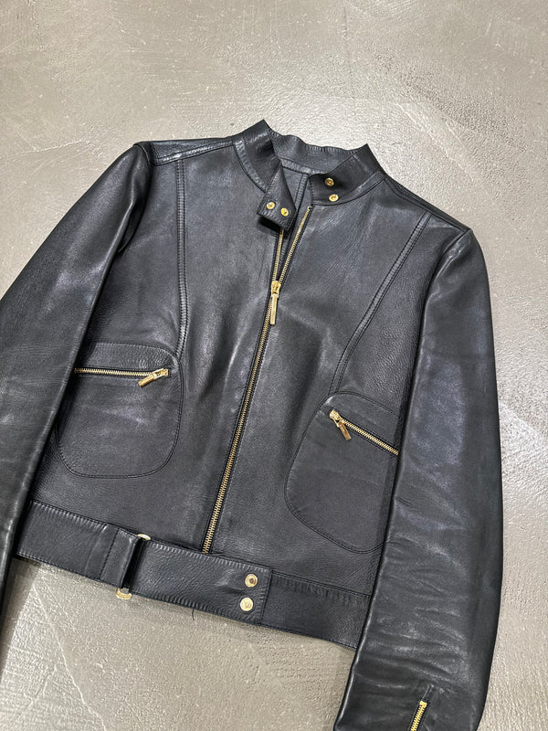 S/S1999 Gucci by Tom Ford fitted black biker leather jacket with gold accents