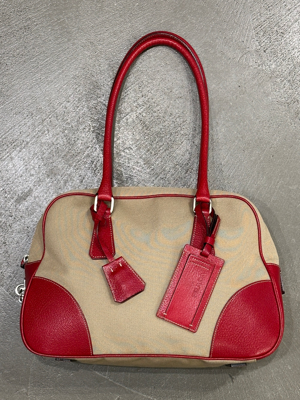 2000s Prada jacquard bowler bag with red leather trim