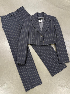 2000s Cavalli pinstripe cropped blazer and trousers suit