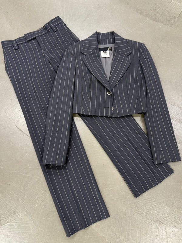 2000s Cavalli pinstripe cropped blazer and trousers suit