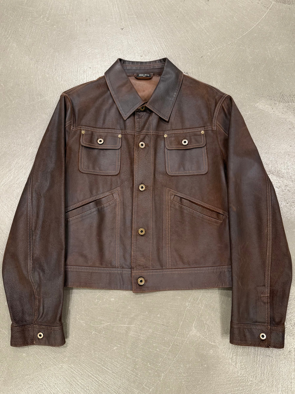 2000s Miu Miu distressed leather trucker jacket