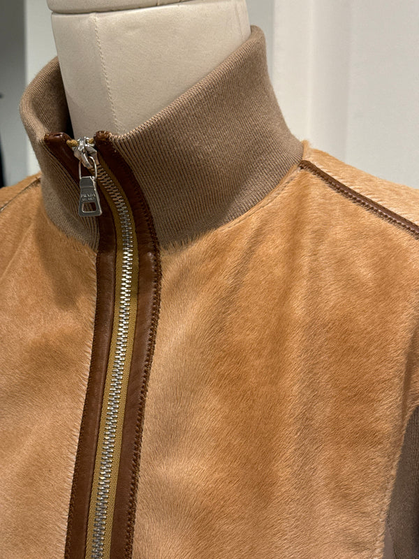 2000s Prada pony hair hybrid leather biker jacket