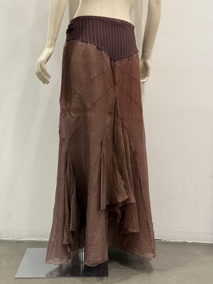 2000s Roberto Cavalli brown silk pleated waistband fluid long skirt