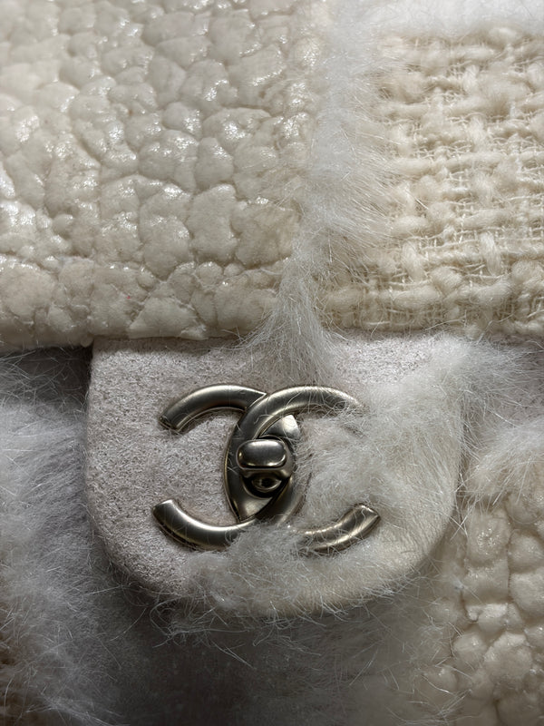 2010 Chanel shearling tweed patchwork big flap bag
