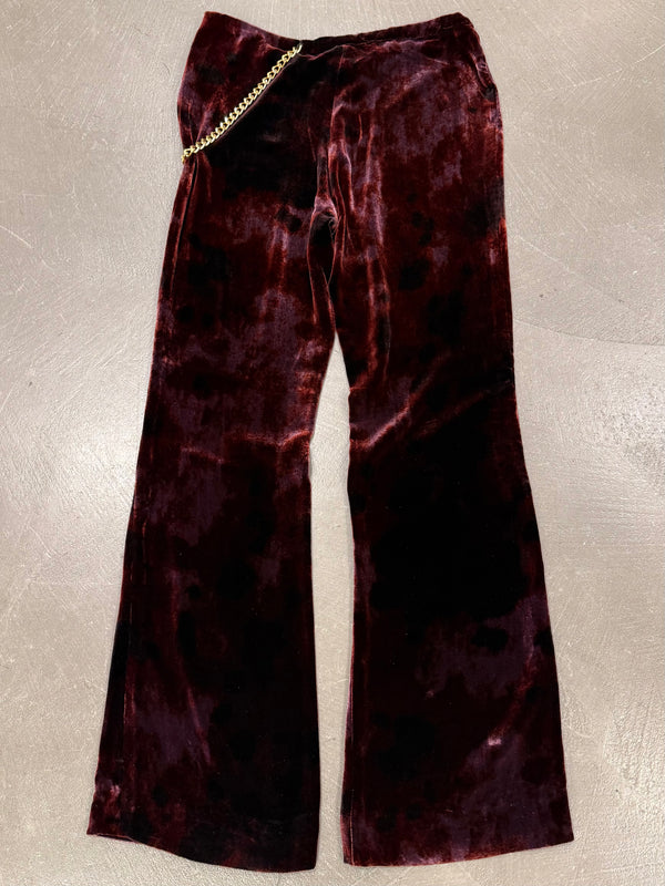 Roberto Cavalli burgundy velvet flared pants with chain detail