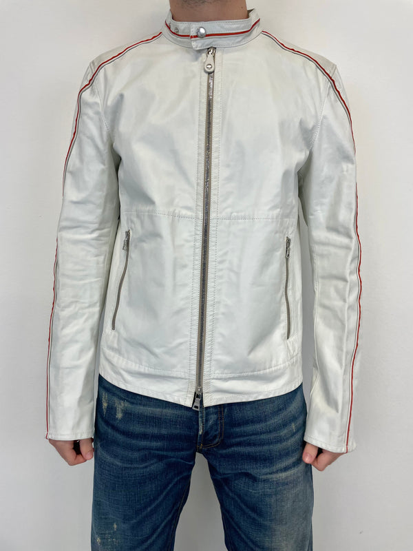 2000s Prada Red Line moto white leather jacket