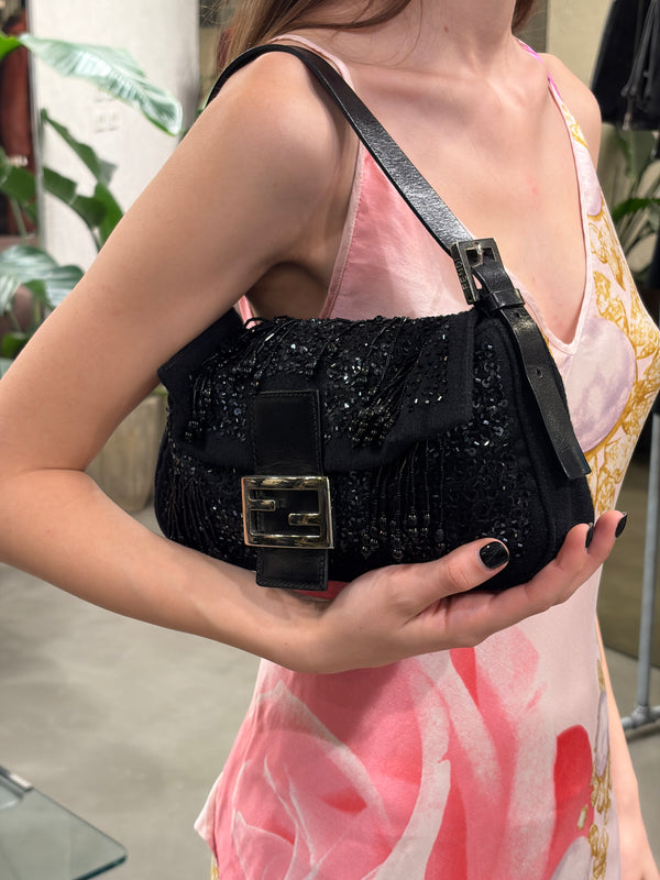 A/W2000 Fendi wool embossed hand-beaded baguette bag
