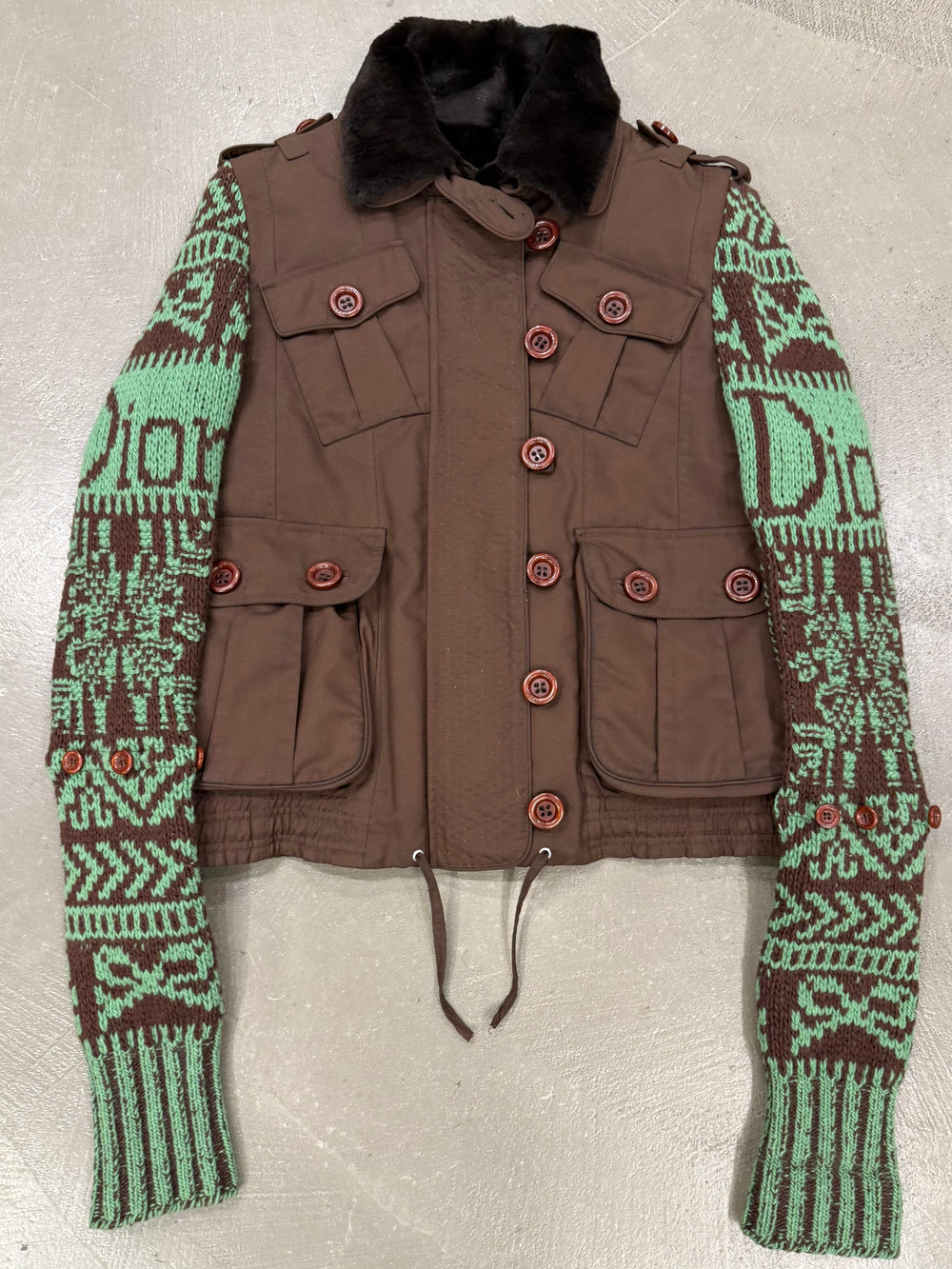 2005 Christian Dior by John Galliano knit sleeve hybrid jacket with fur lining