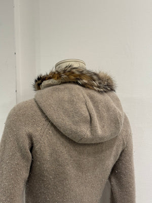 2000s Prada wool fur-trim hooded cardigan