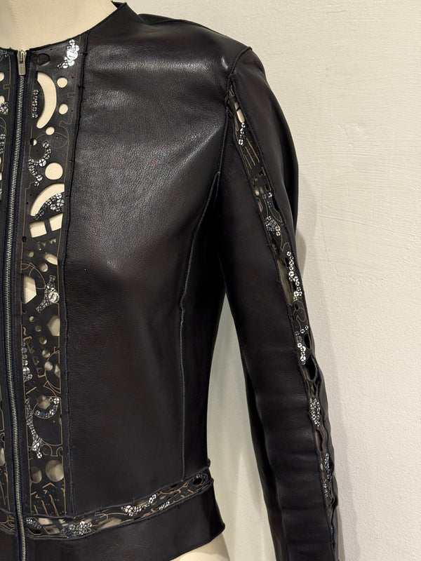 2000s Fendi collarless laser-cut leather jacket