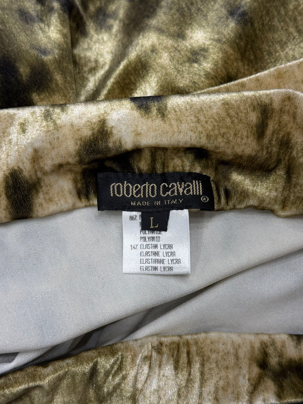 2000s Roberto Cavalli foil print iridescent maxi velvet skirt