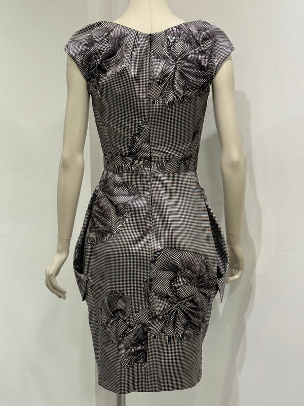 2000s Christian Dior Houndstooth silk dress with floral Appliqué