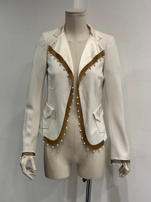 2005 Roberto Cavalli gold chain pearl trim jacket