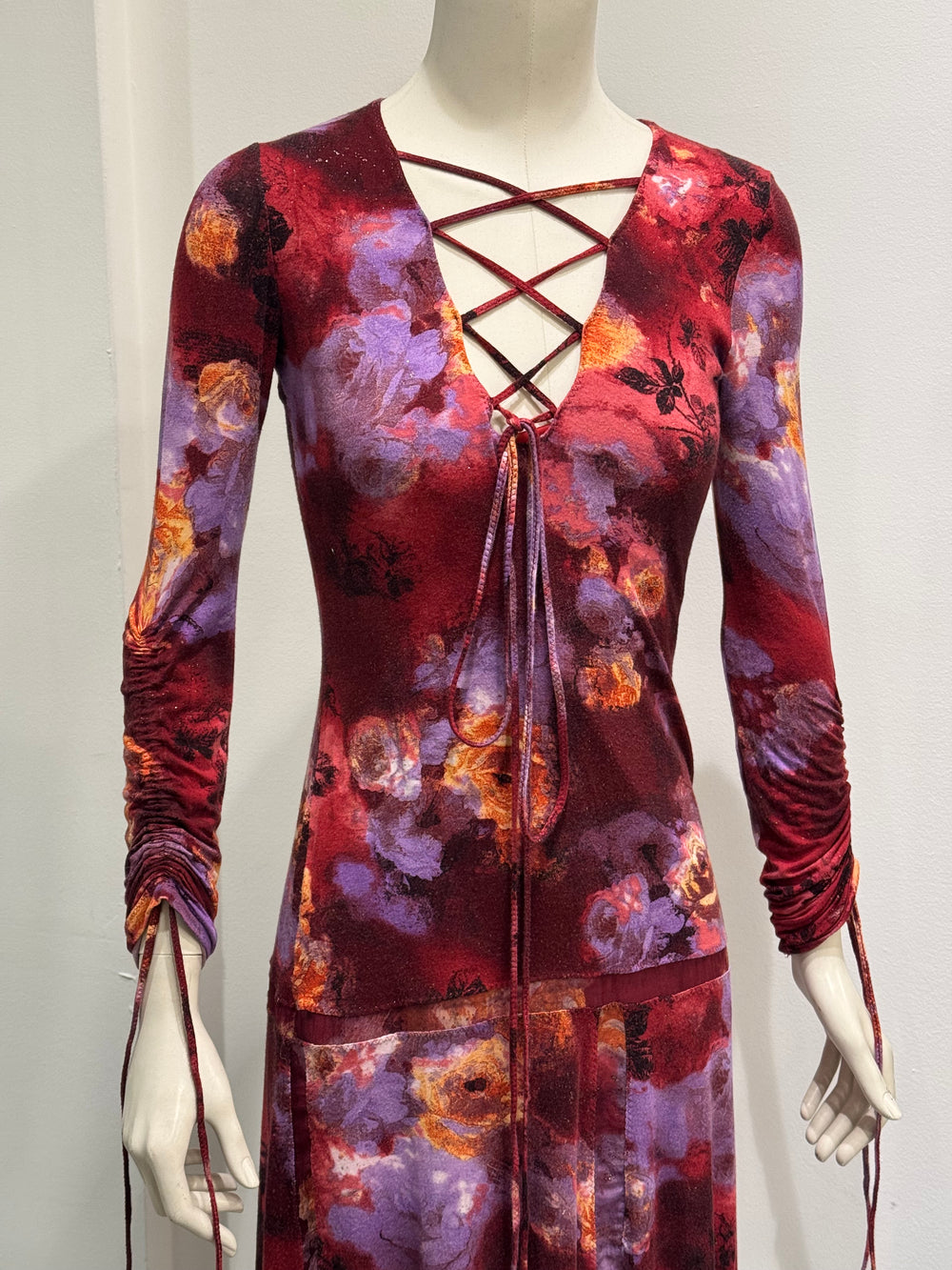 2000s Roberto Cavalli floral lace up midi dress