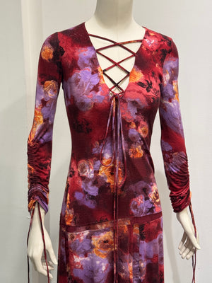 2000s Roberto Cavalli floral lace up midi dress