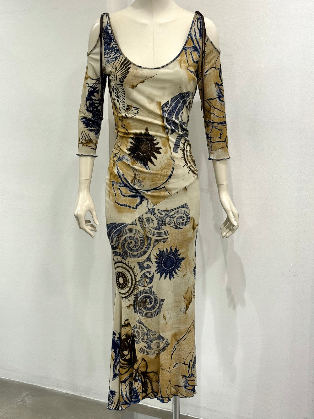 2000s Roberto Cavalli geometric open shoulder long dress