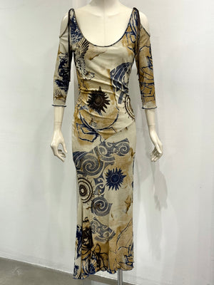 2000s Roberto Cavalli geometric open shoulder long dress