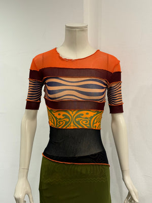 S/S1996 Jean Paul Gaultier runway printed mesh layered maxi dress