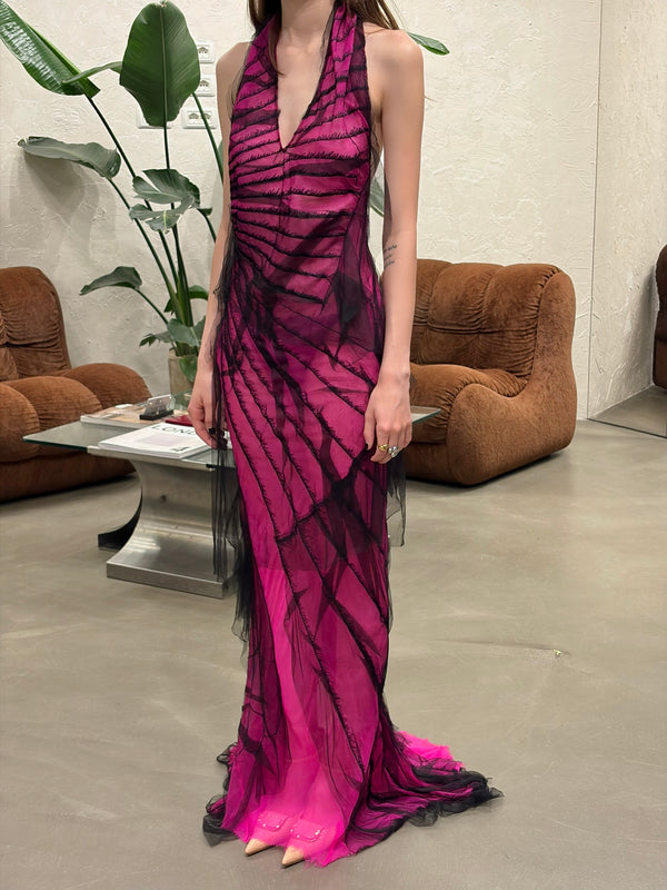 S/S2001 Roberto Cavalli runway distressed silk halter evening dress