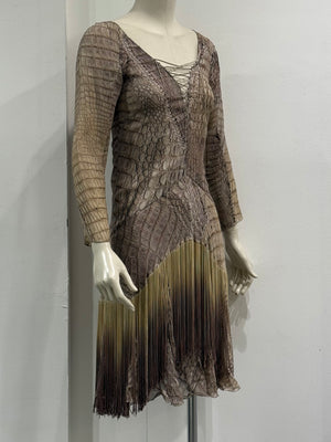 S/S2011 Roberto Cavalli silk crocodile print lace-up fringe dress