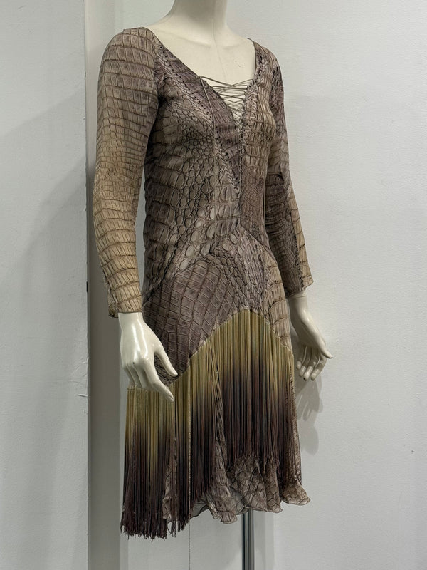S/S2011 Roberto Cavalli silk crocodile print lace-up fringe dress