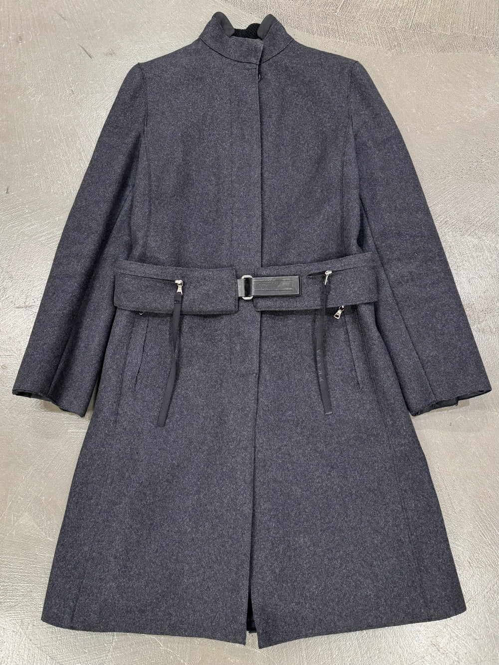 1999 Prada belted technical cargo pockets wool coat