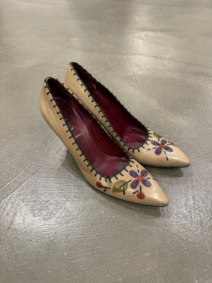 Prada floral appliqués leather heels
