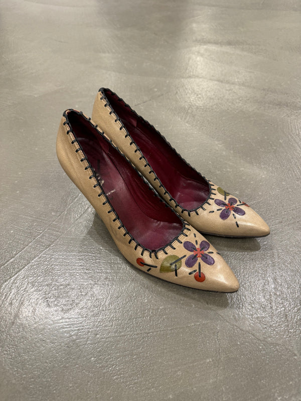Prada floral appliqués leather heels